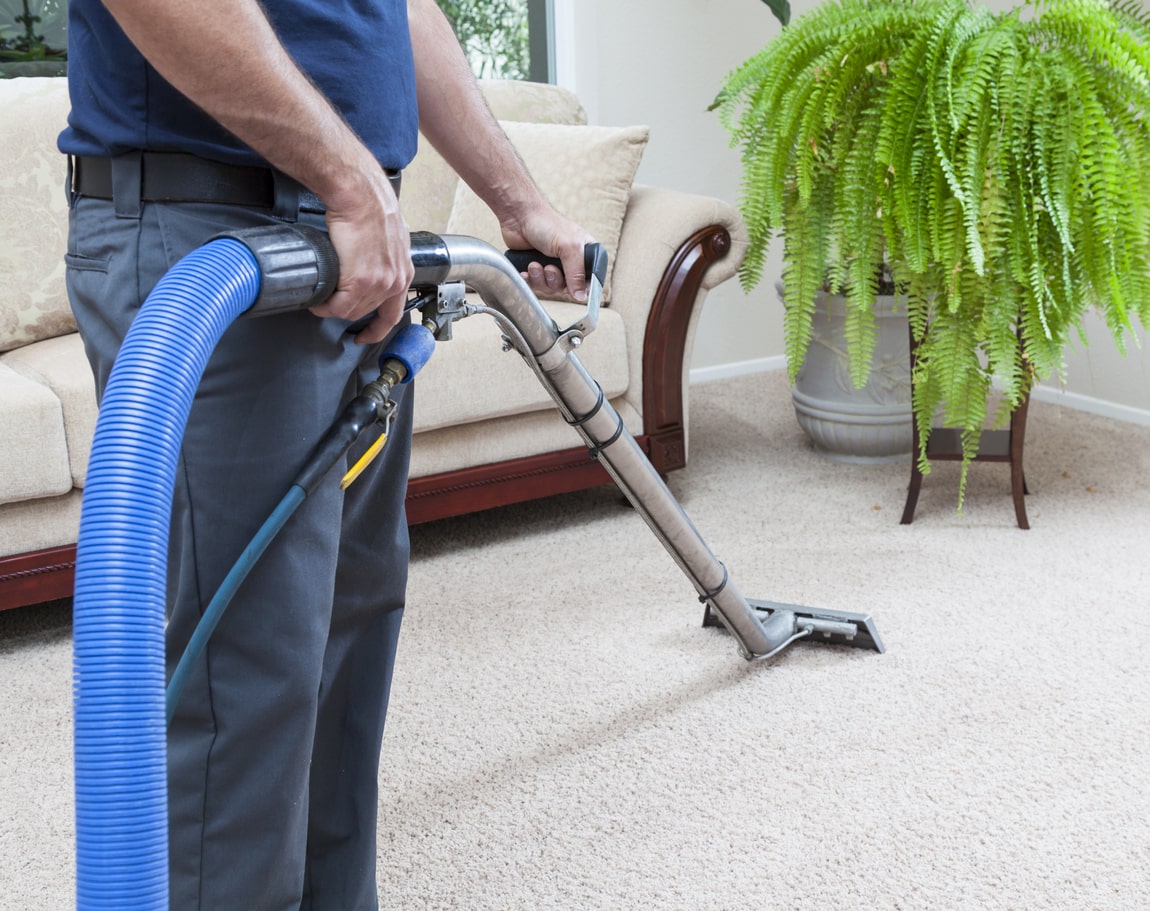 Male professional cleaner steam cleaning a residential home's carpets and sofas